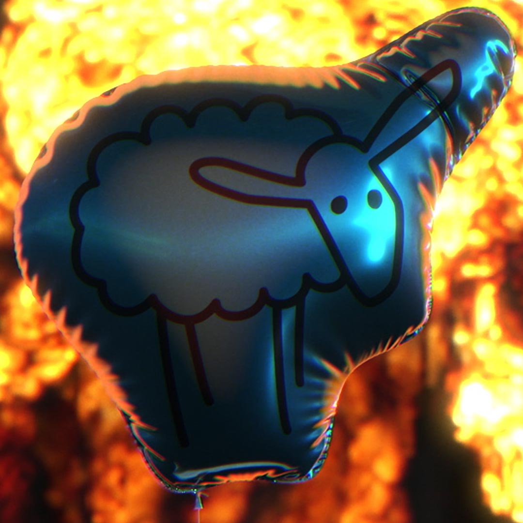 mylar balloon with insomnia graphics sheep logo and a giant explosion behind it